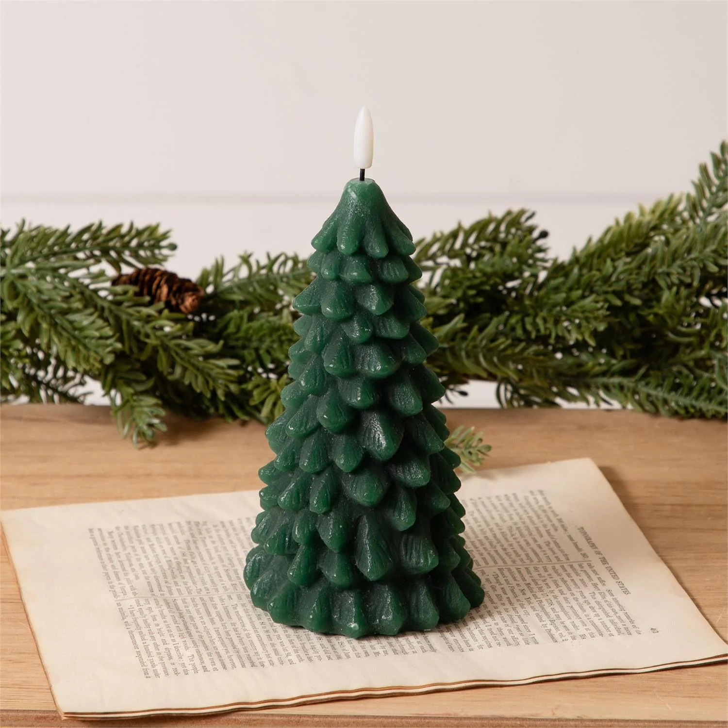 Green Christmas Tree LED Candle 9" H - Image 2