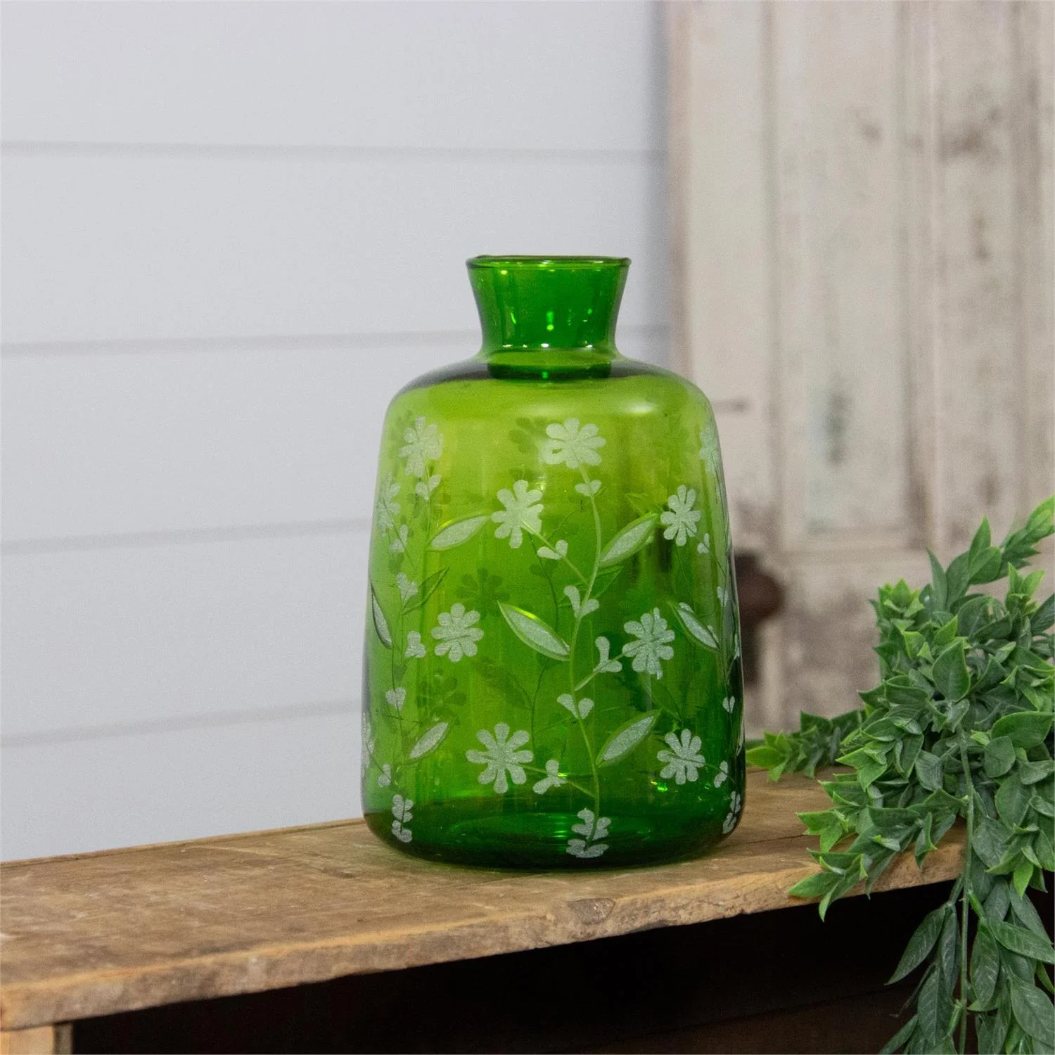 Green Glass Floral Etched 9.5" Vase