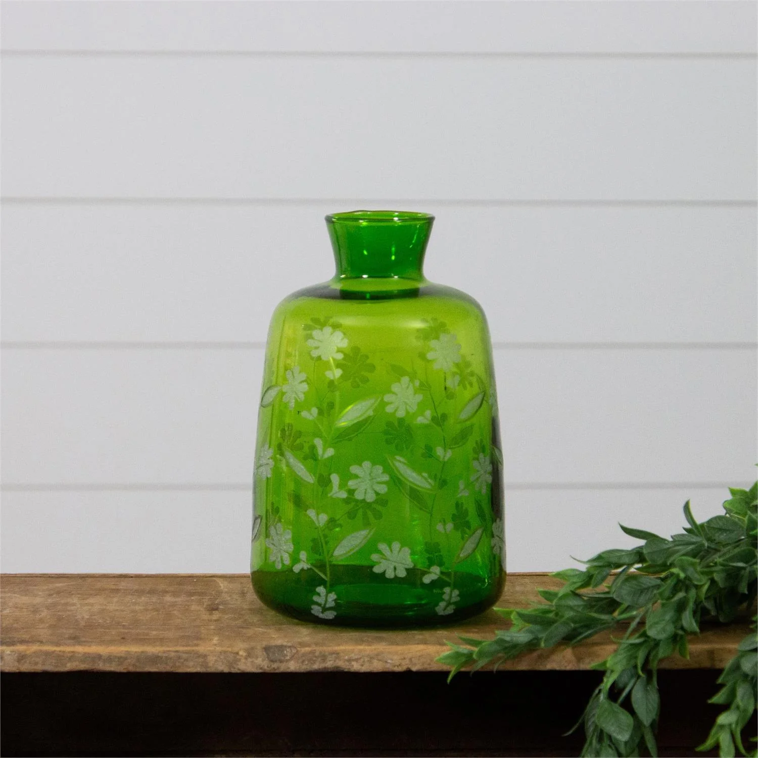 Green Glass Floral Etched 9.5" Vase - Image 2