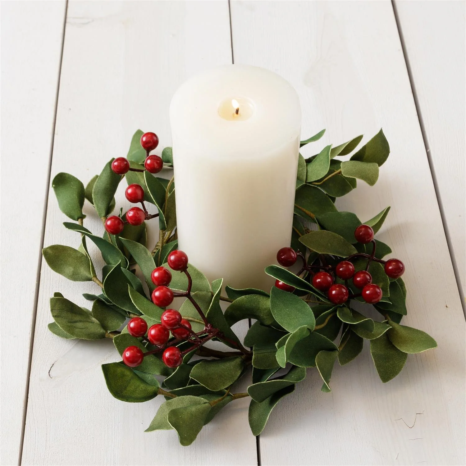Green Sprigs With Berries 9" Small Faux Evergreen Ring - Image 2