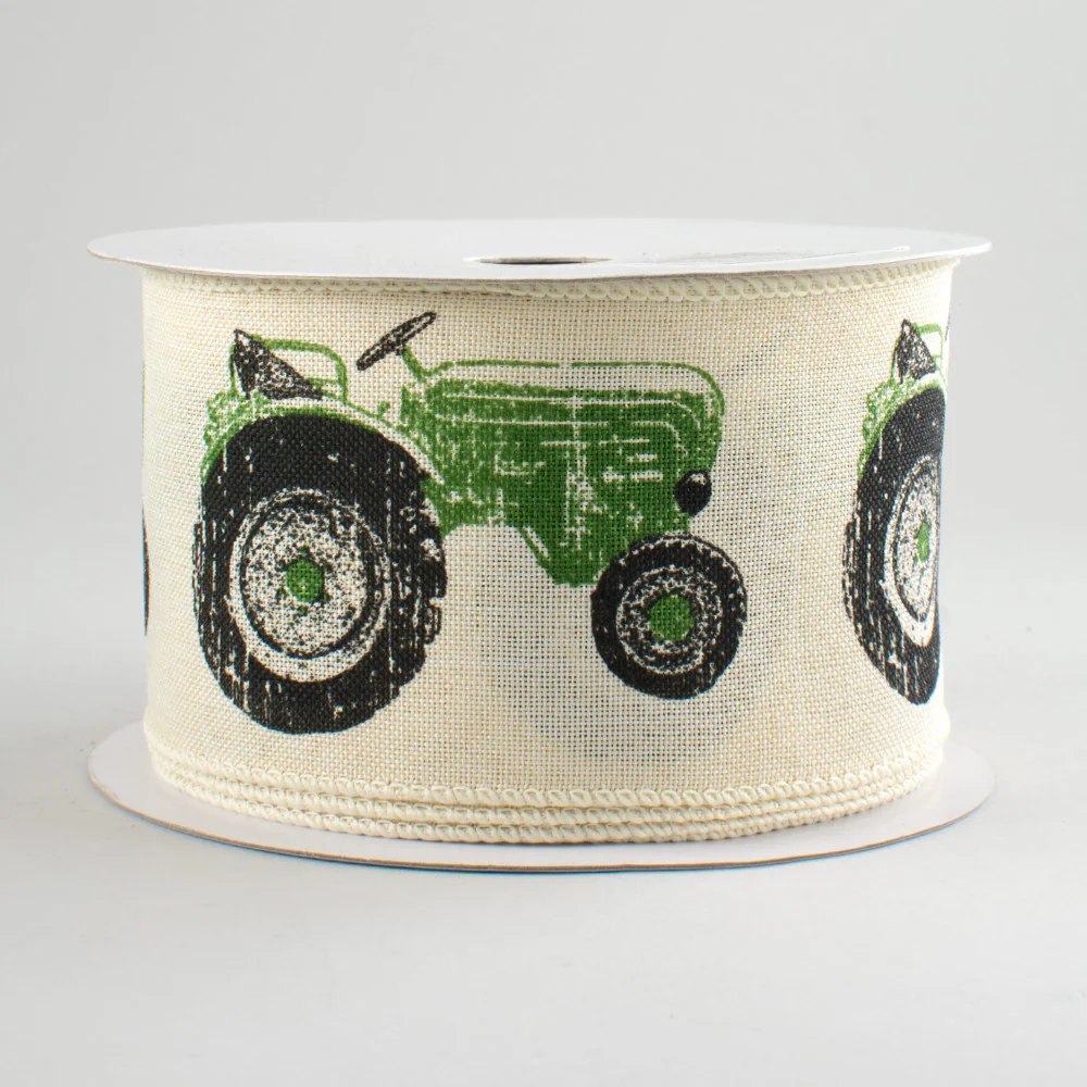 💙 Green Tractor Ribbon with Cream Background 2.5" W x 10 yards