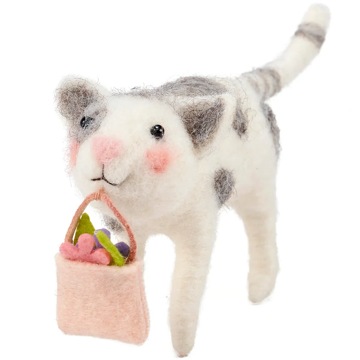 ๐ Grey and White Cat with Flower Bag Felt Critter