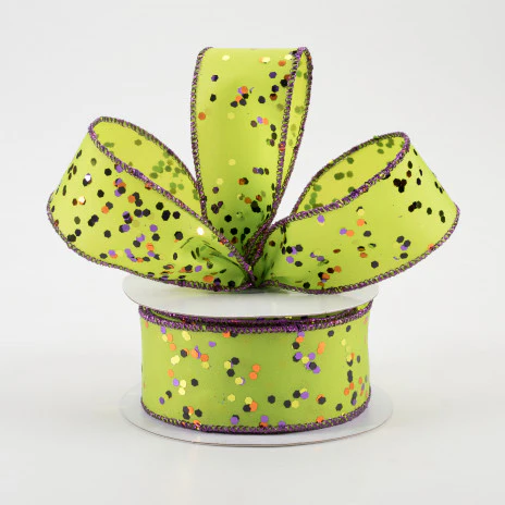 Halloween Sprinkled Hex Glitter on Lime Ribbon 1.5" x 10 yards