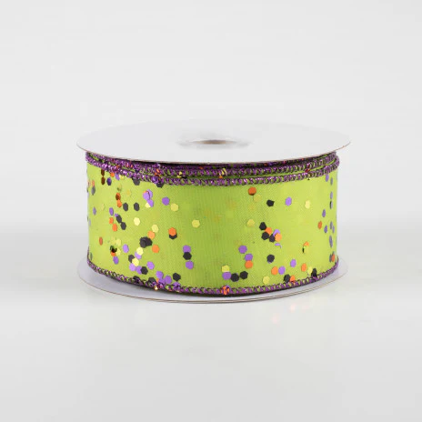 Halloween Sprinkled Hex Glitter on Lime Ribbon 1.5" x 10 yards - Image 2