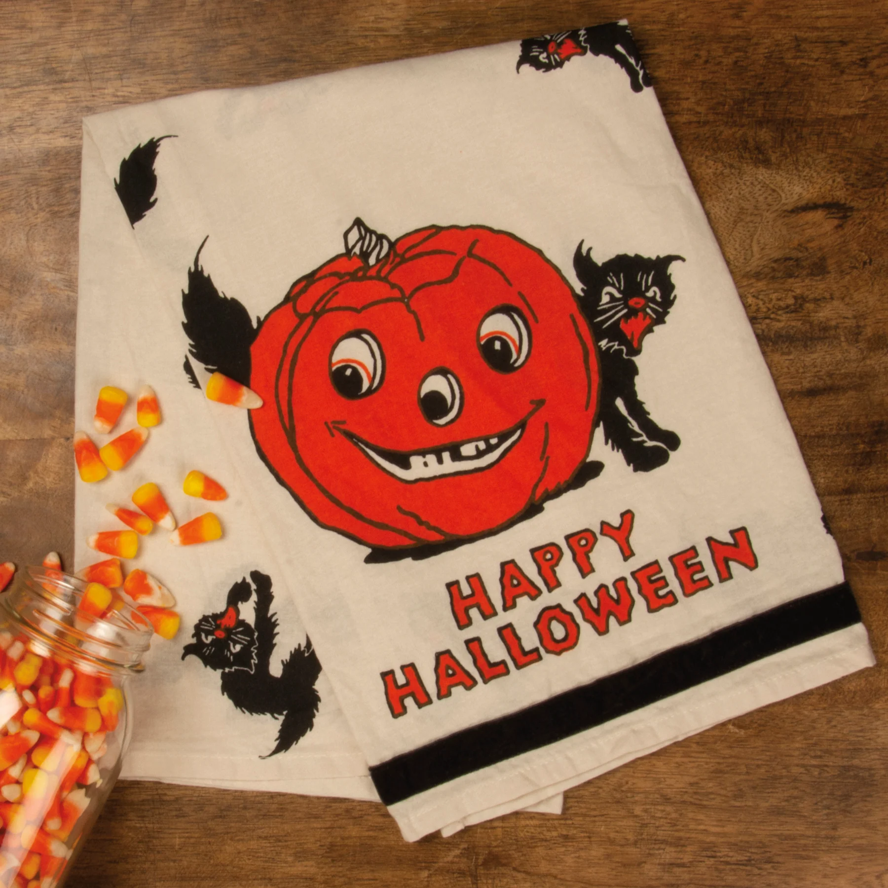 💙 Happy Halloween Retro Cat and Pumpkin Kitchen Towel - Image 2