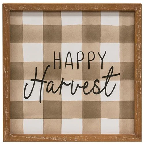 Happy Harvest Brown Gingham 12" Wood Sign