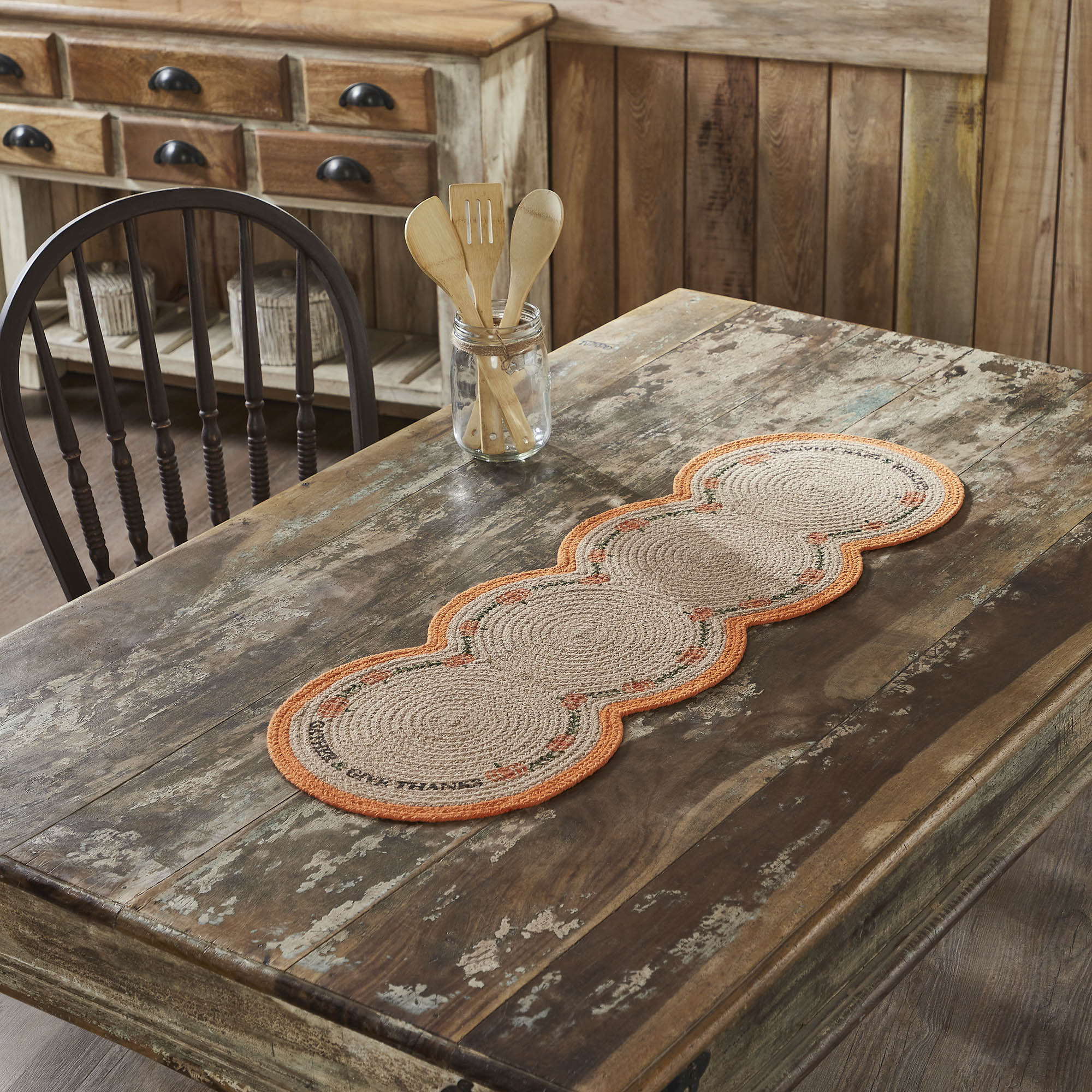 Harvest Blessings Natural Stencil Pumpkin 36" Table Runner
