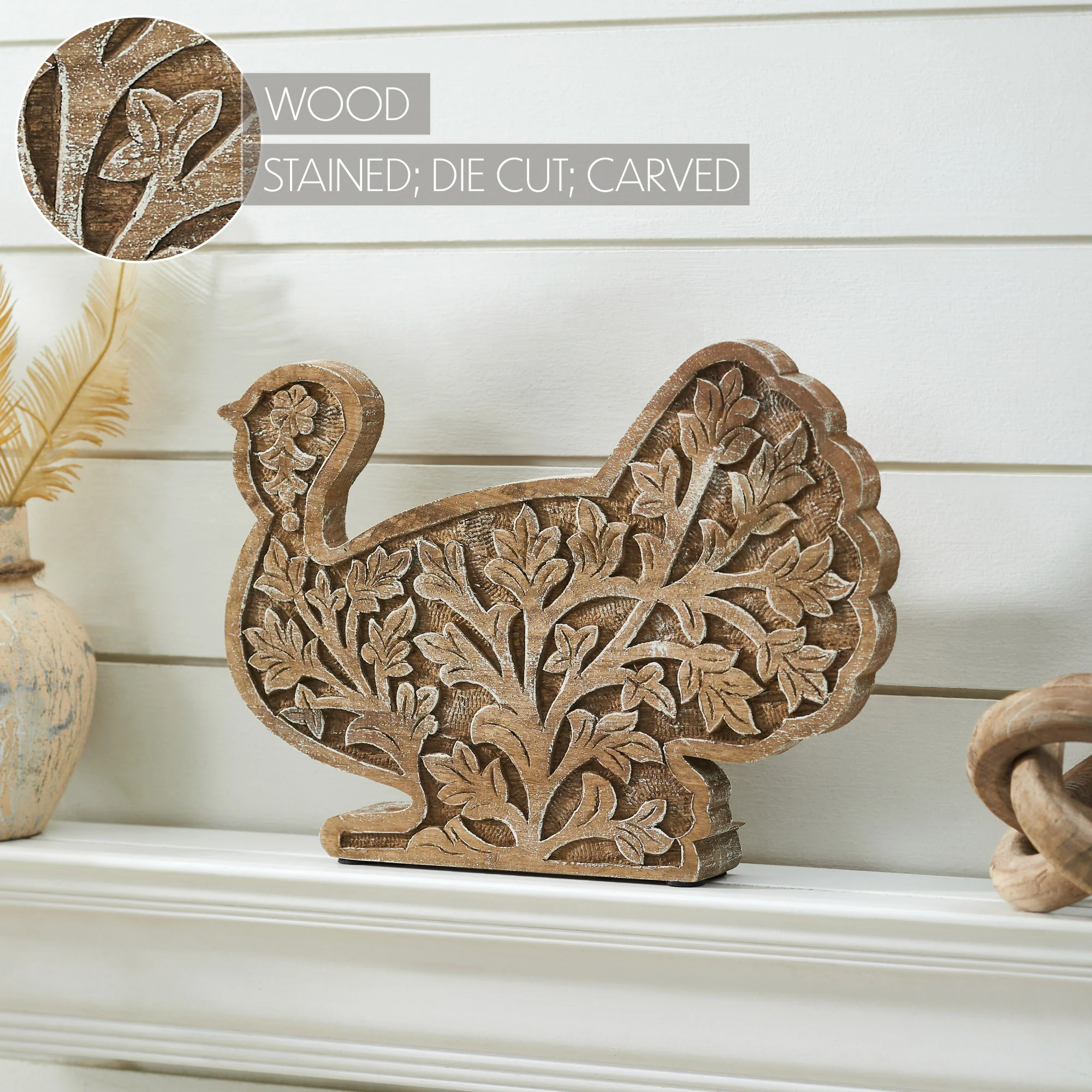 Harvest Leaf Carved Wooden Turkey 10" H - Image 6