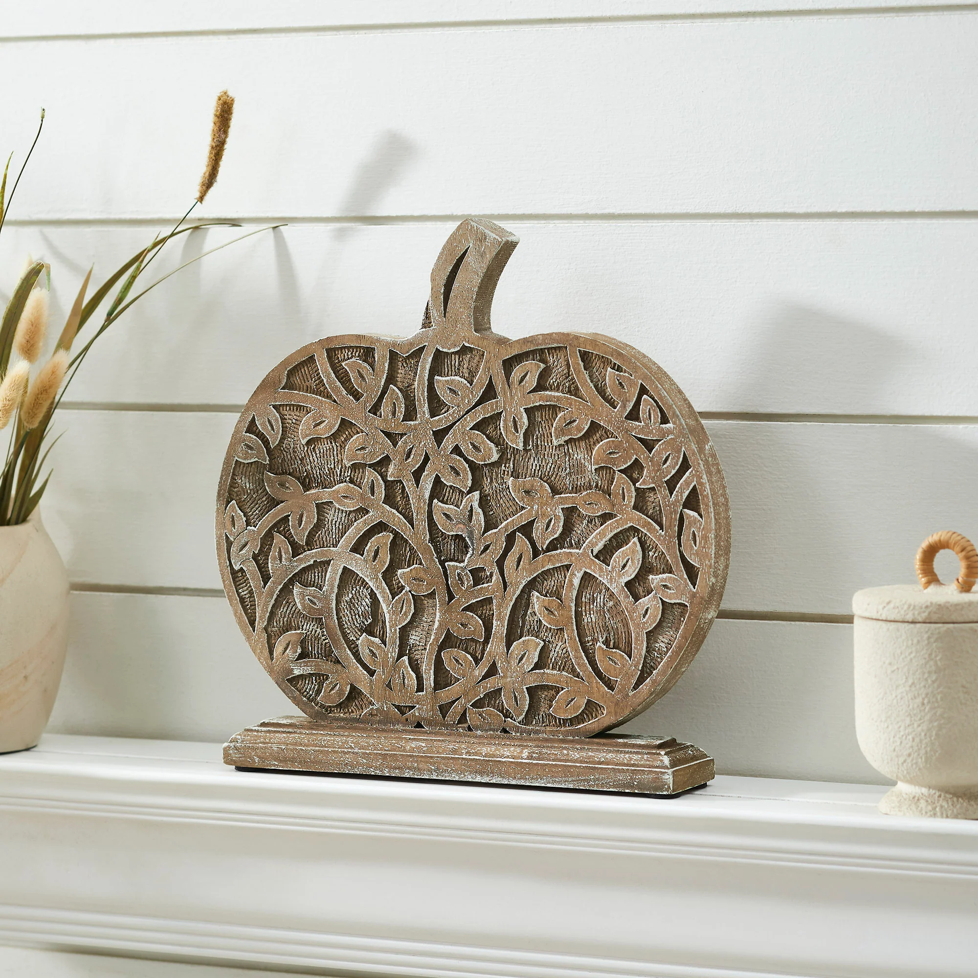 Harvest Vine Carved Wooden Pumpkin 12" Sign