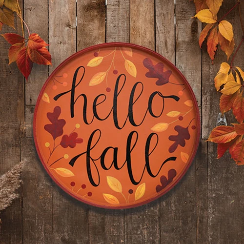Hello Fall Autumn Leaves Round Wooden Hanging Tray 15.5" - Image 2