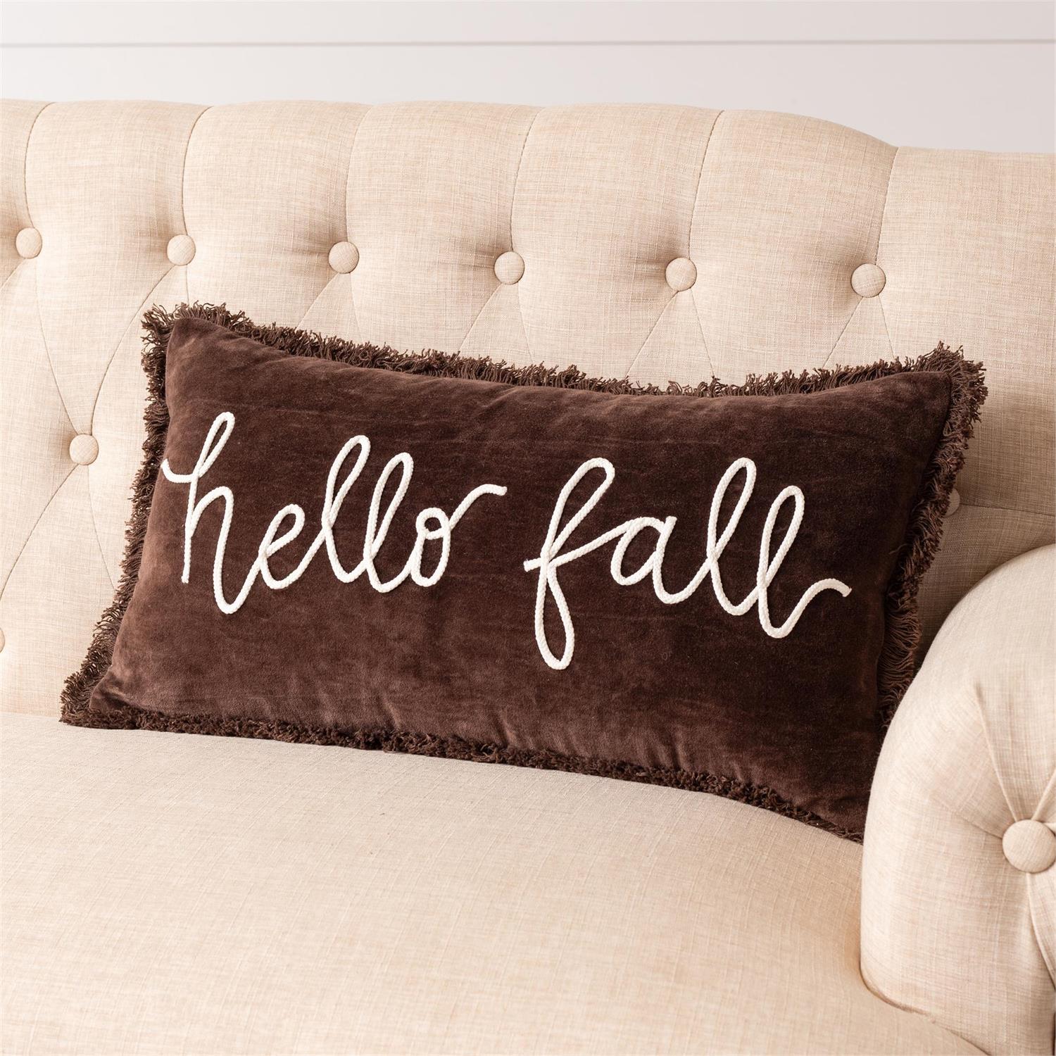 Hello Fall Brown Velvet Lumbar Pillow
