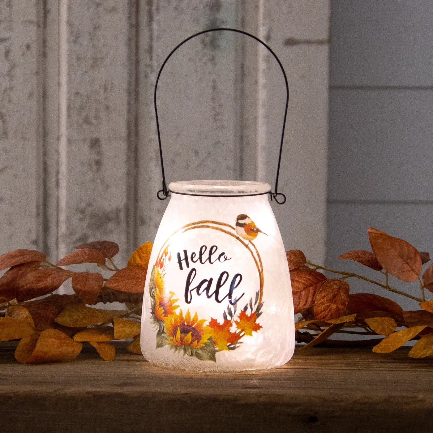Hello Fall Frosted Glass Luminary With Handle