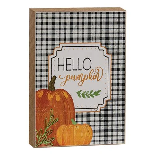 Hello Pumpkin Plaid Wooden Block Sign