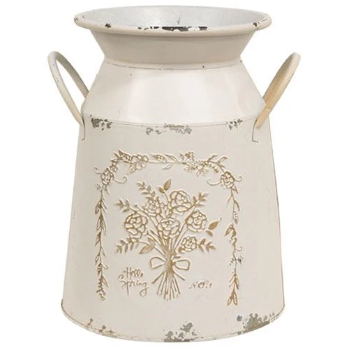 Hello Spring Flowers Embossed Cream Milk Can
