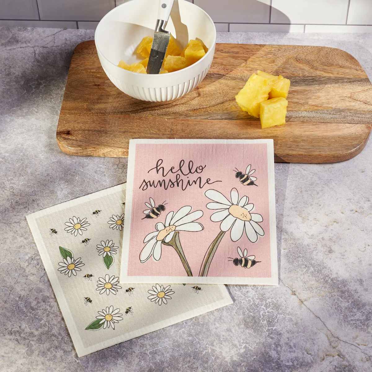 Hello Sunshine Bees and Daisies Swedish Dishcloth Set - Image 2