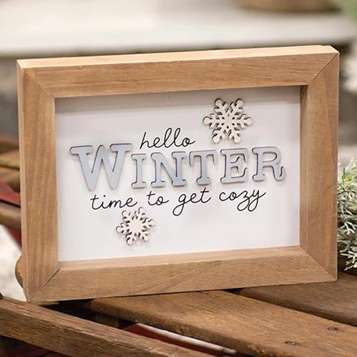 Hello Winter Time To Get Cozy Small Framed Snowflake Sign