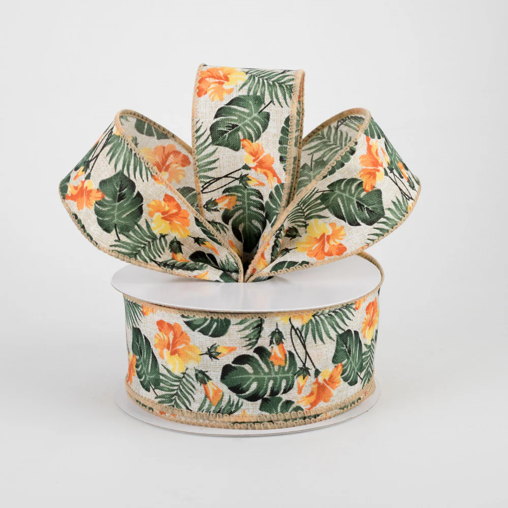 Hibiscus Tropical Natural & Orange Ribbon 1.5" x 10 yards