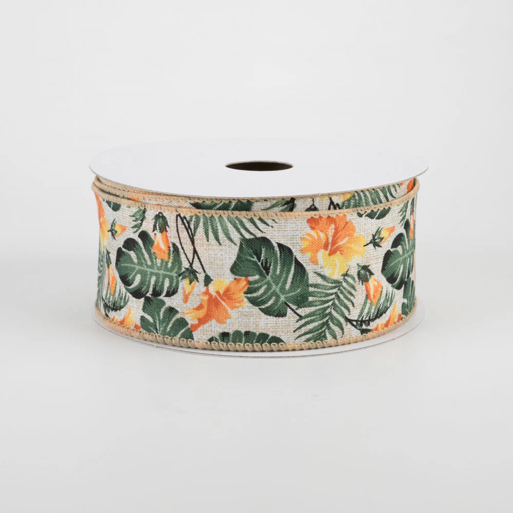 Hibiscus Tropical Natural & Orange Ribbon 1.5" x 10 yards - Image 2