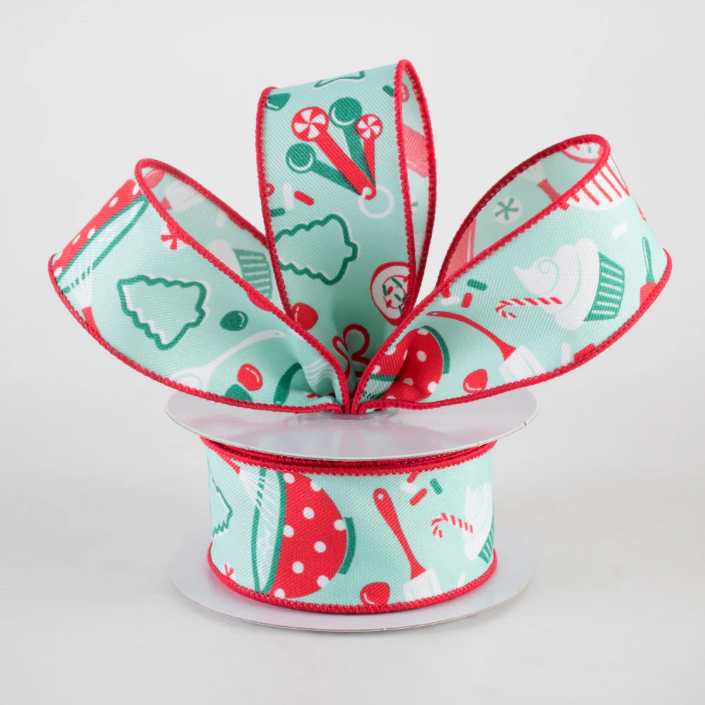 Holiday Baking Jade Mint Background Ribbon 1.5" x 10 Yards