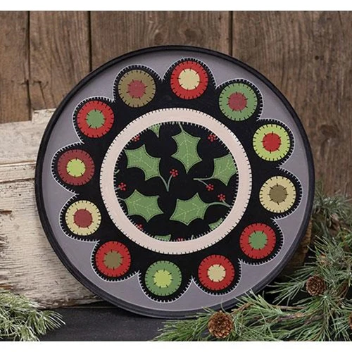 Holly & Berries Penny Mat 15.25" Round Wooden Hanging Tray