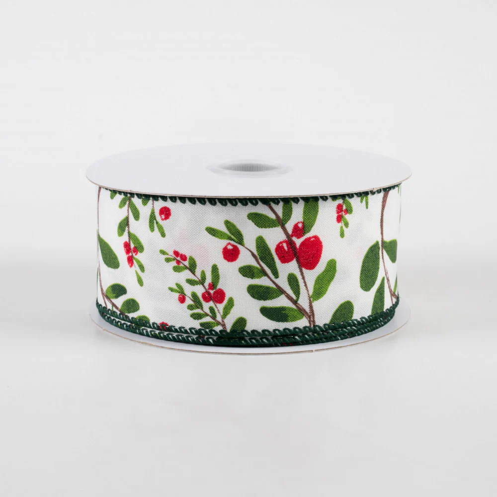 Holly Branches White Satin Ribbon 1.5" x 10 yards