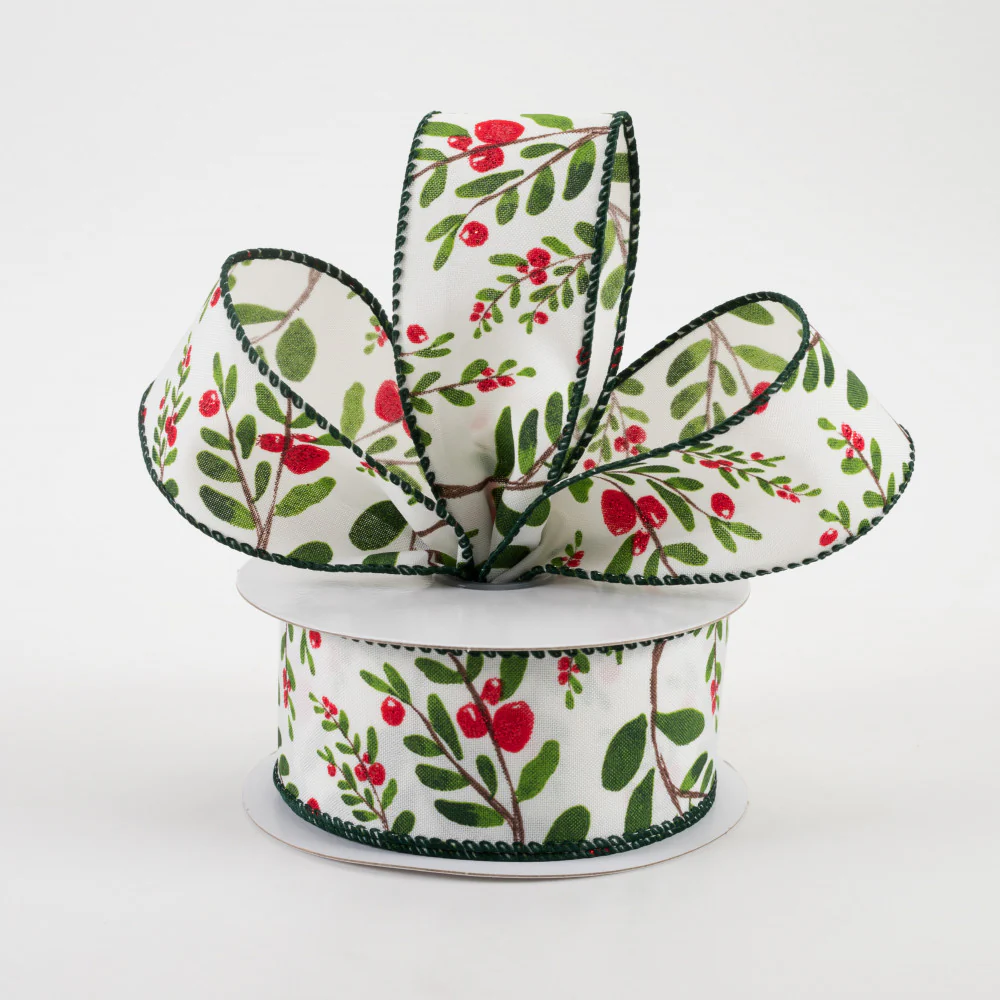 Holly Branches White Satin Ribbon 1.5" x 10 yards - Image 2