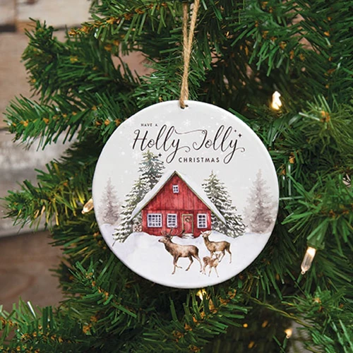 DAY 22 ✨ 25 Days of Ornaments ✨ Holly Jolly Winter Barn Round Metal Ornament - Image 2
