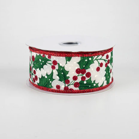Holly Leaves & Berries Cream Ribbon 1.5" x 10 yards