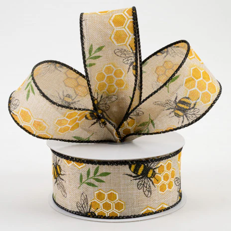 Honeycomb Bee on Natural Ribbon 1.5" x 10 yards