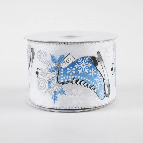 Ice Skate Joy Blue & White Satin Ribbon 2.5" x 10 yards