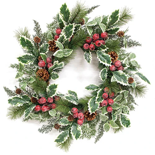 Icy Winterberry Holly & Pine 24" Faux Evergreen Wreath