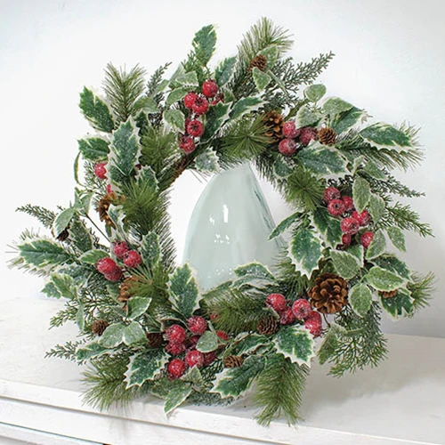 Icy Winterberry Holly & Pine 24" Faux Evergreen Wreath - Image 2