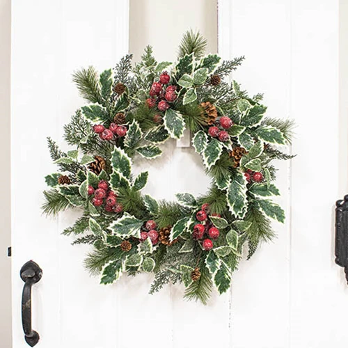 Icy Winterberry Holly & Pine 24" Faux Evergreen Wreath - Image 3