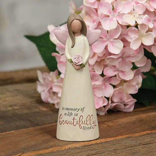 In Memory Of A Life So Beautifully Lived Resin Angel with Rose - Image 2