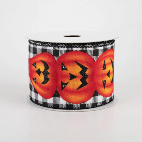 Jack O Lantern Black & White Check Ribbon 2.5" x 10 Yards - Image 2