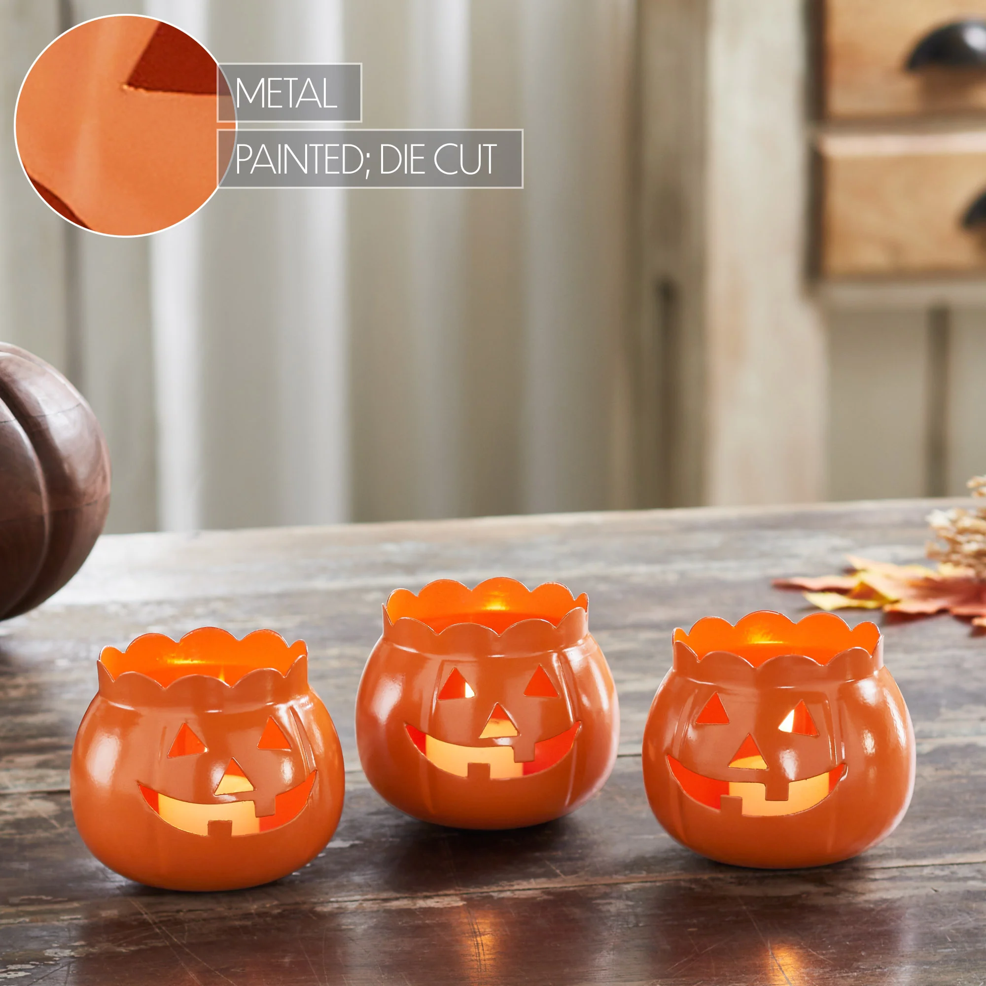 Jack-O-Lantern Pumpkin Votive & Tealight Candle Holders Set of 3 - Image 6