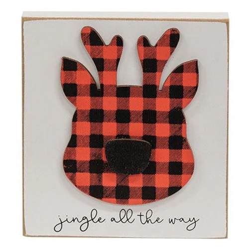 Jingle All the Way Plaid Reindeer Small Wooden Block Sign