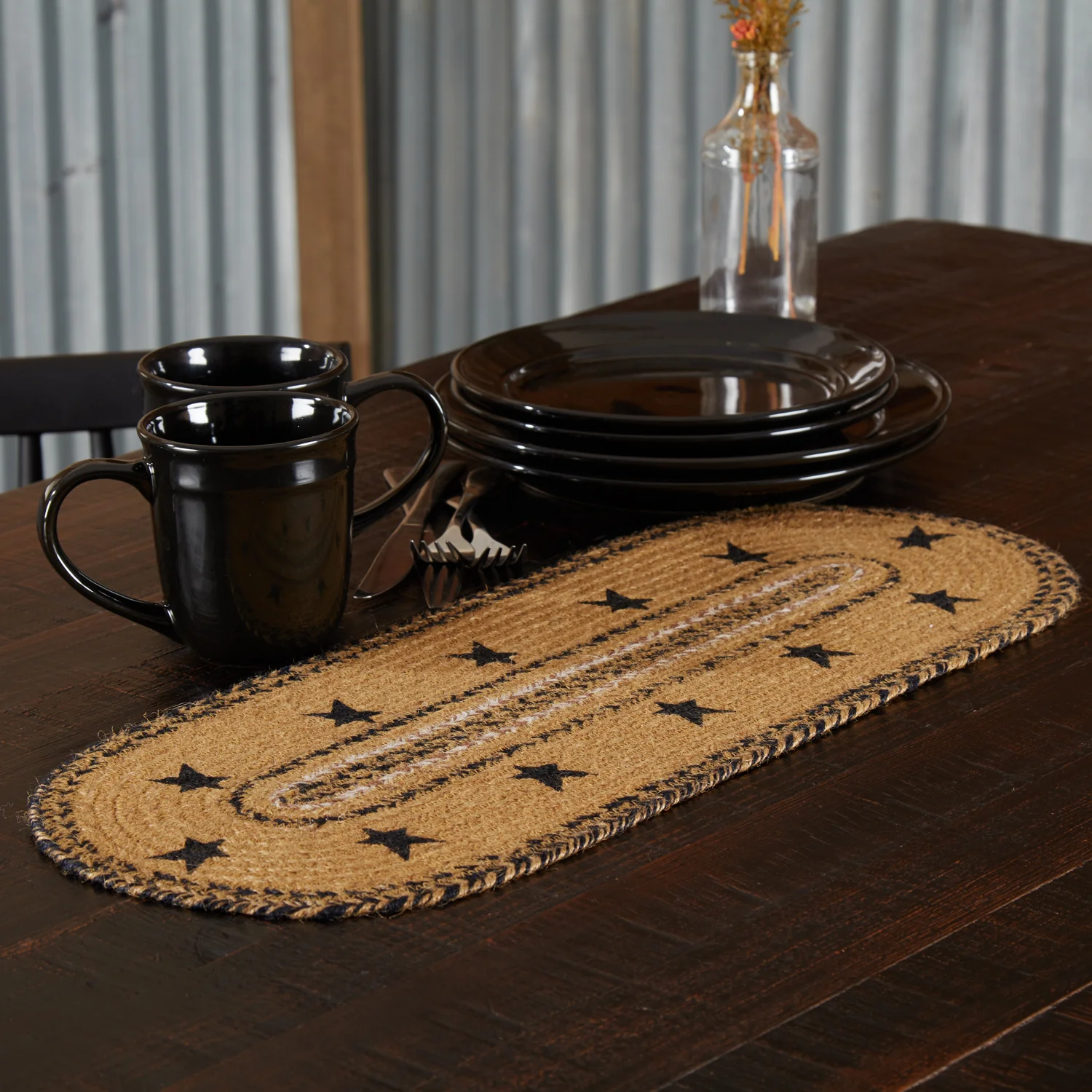 Kettle Grove Jute Stencil Stars Border Table Runner 8" x 24"