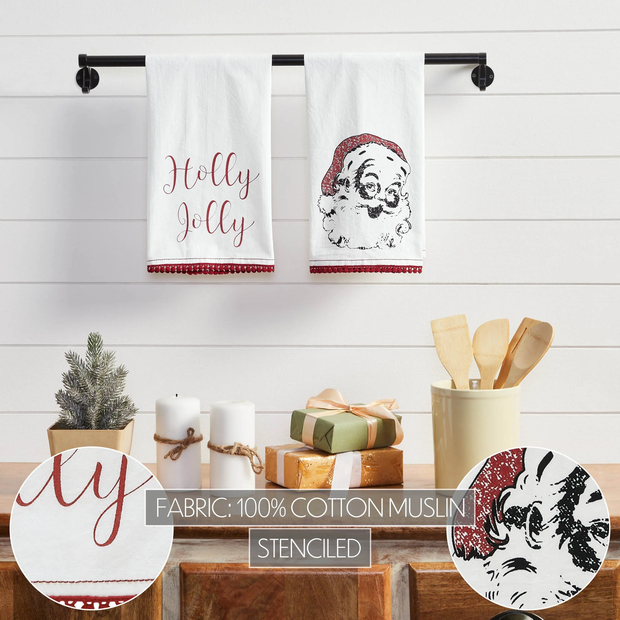 Kringle Chenille Holly Jolly White Muslin Tea Towel Set of 2 - Image 4