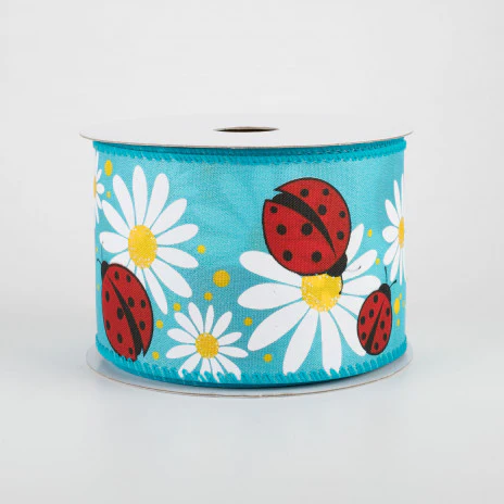 Ladybug & Daisies on Turquoise Ribbon 2.5" x 10 yards - Image 2