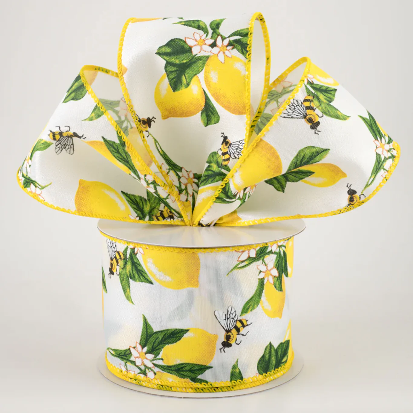 ๐ Lemons & Bees White Satin Ribbon 2.5" x 10 Yards