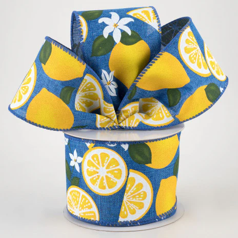 Lemons & Flowers on Royal Blue Ribbon 2.5" x 10 yards