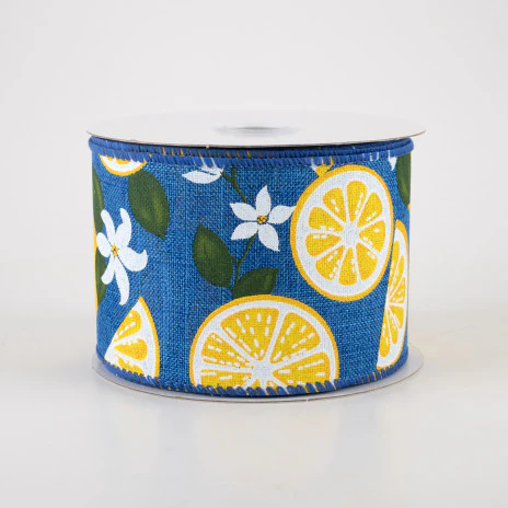 Lemons & Flowers on Royal Blue Ribbon 2.5" x 10 yards - Image 2