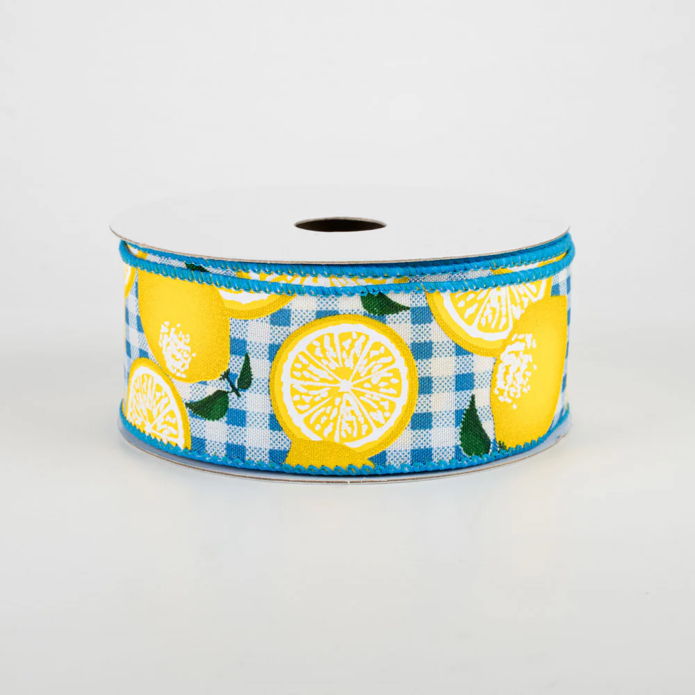 Lemons on Turquoise Gingham Ribbon 1.5" x 10 yards