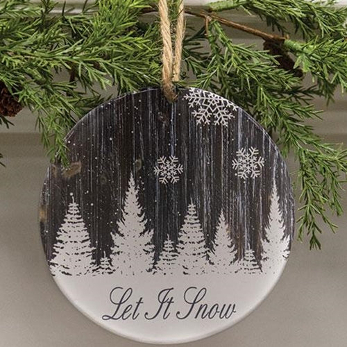 💙 Let It Snow Snowy Woodgrain Round Ornament - Image 2