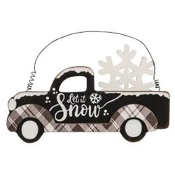 Let It Snow Truck Black Plaid Wood Hanger