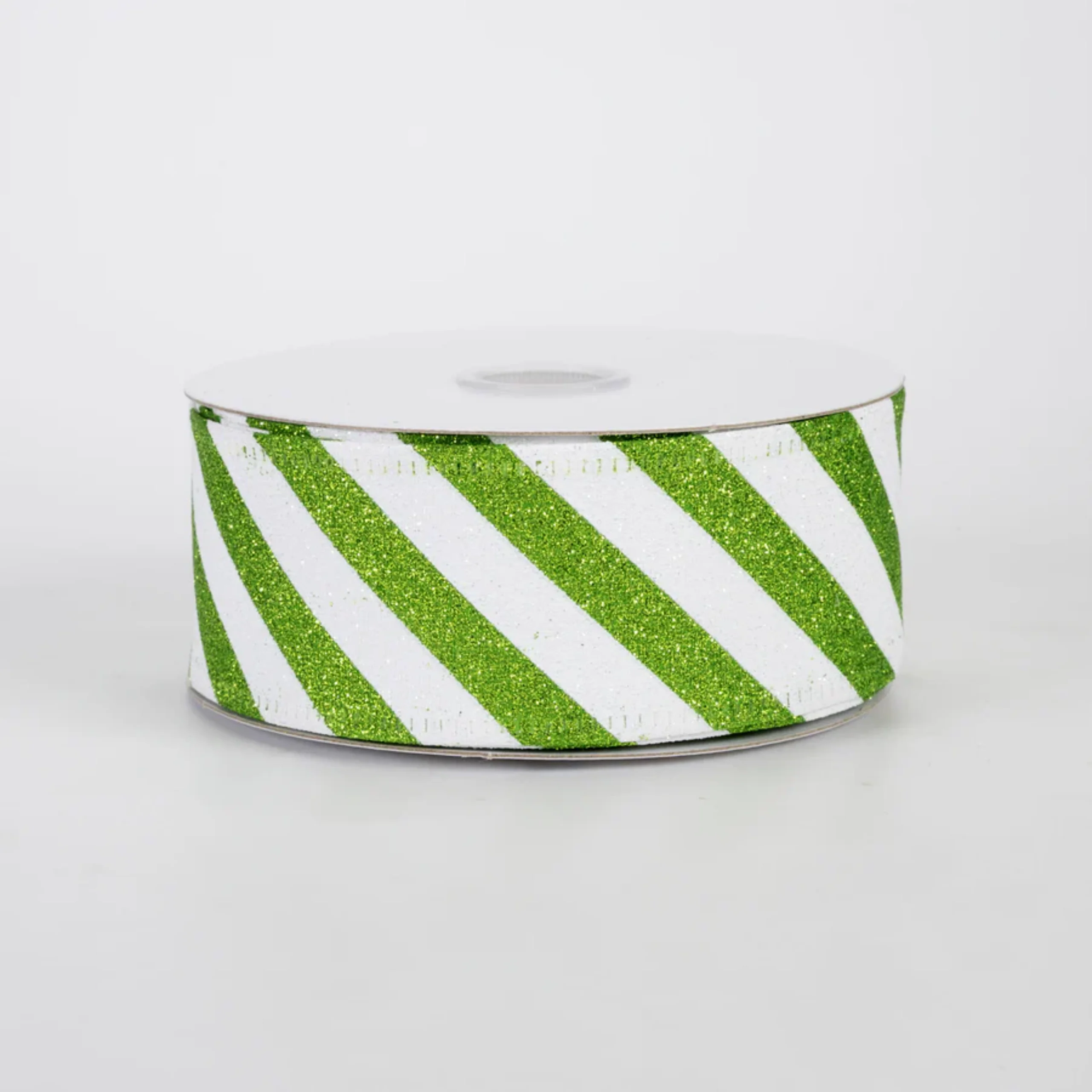 Lime Green and White Glitter Candy Cane Stripe Ribbon 1.5" x 10 yards - Image 2