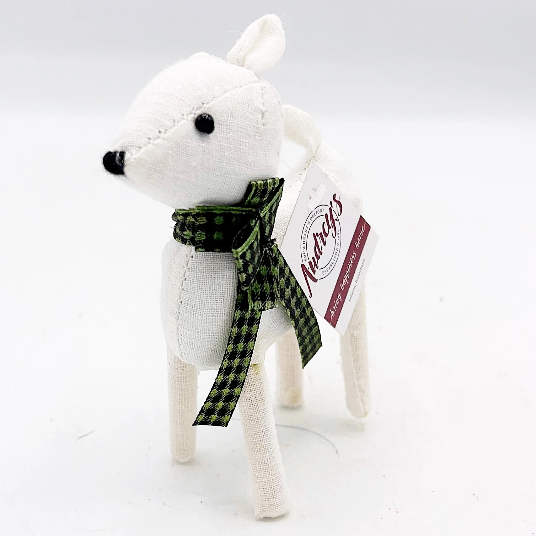 π Little Deer With Christmas Green and Black Plaid Scarf Fabric Figure