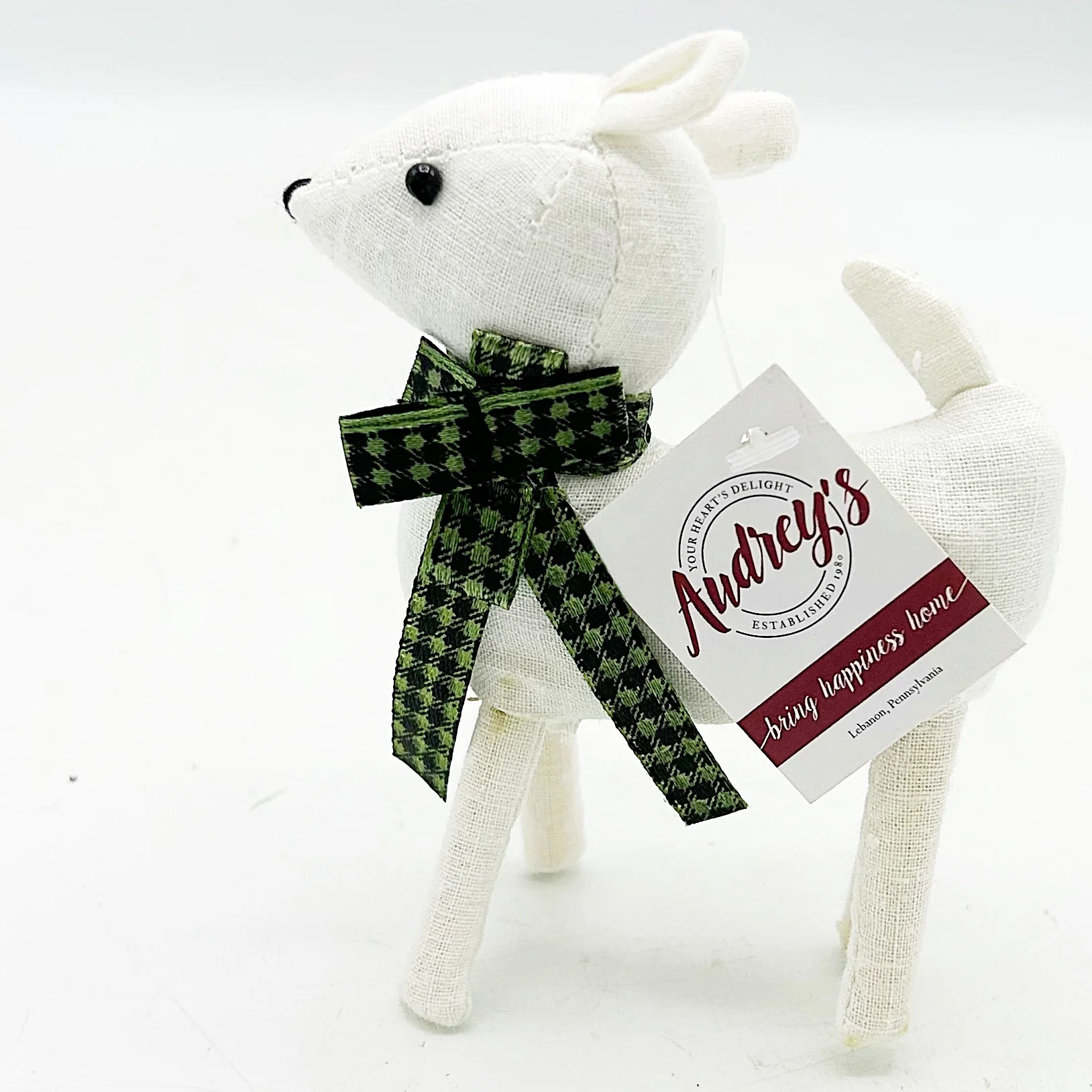 π Little Deer With Christmas Green and Black Plaid Scarf Fabric Figure - Image 5