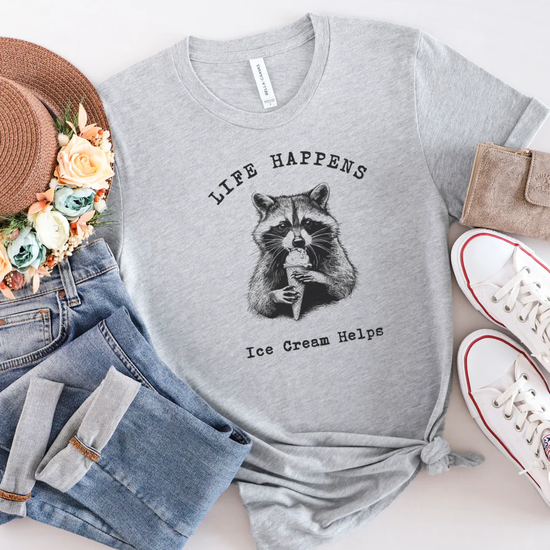 💙 Life Happens Ice Cream Helps Raccoon Cozy T-Shirt - Image 17